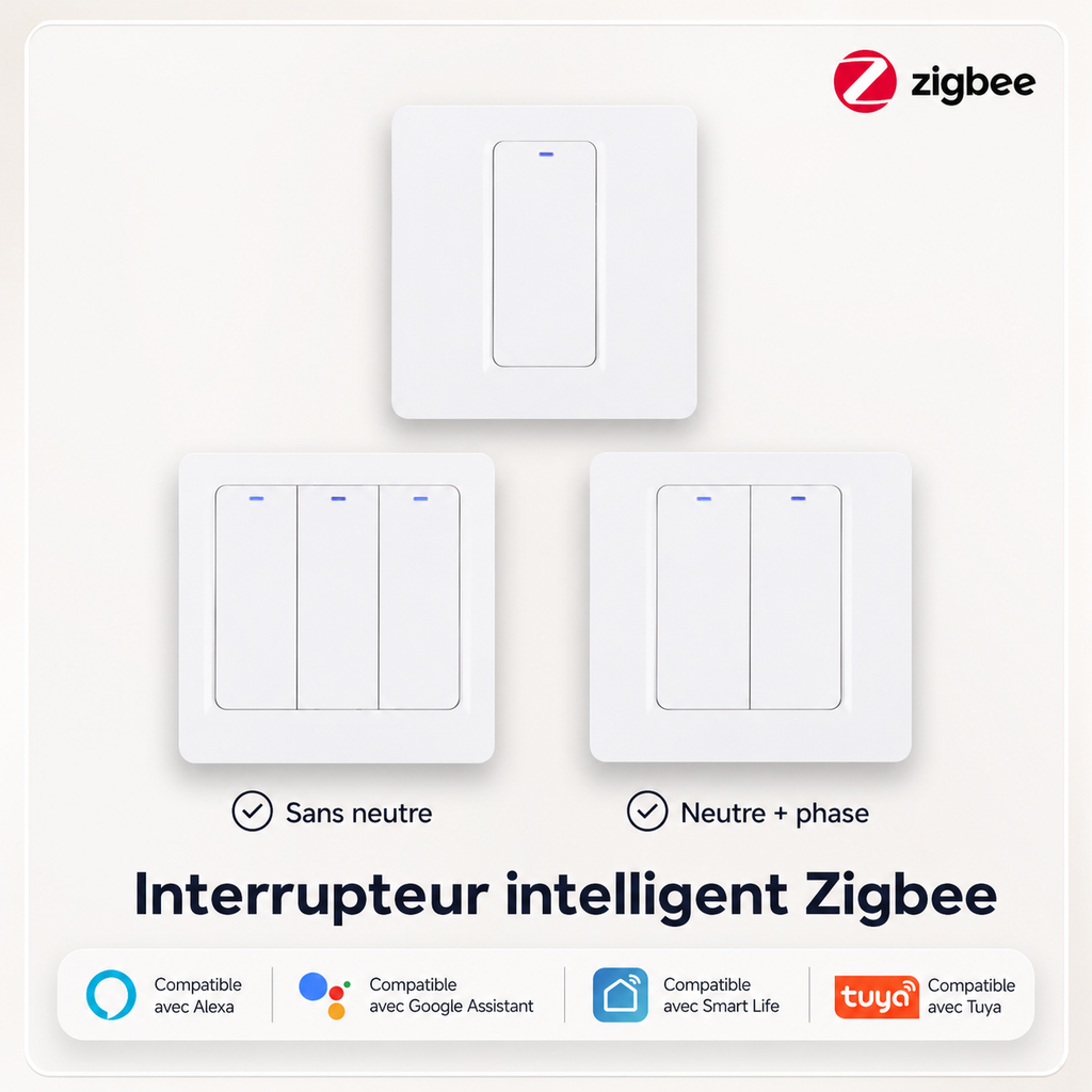NéoRelay Switch Comfort ZigBee avec versions sans neutre et avec neutre compatibles assistants vocaux.