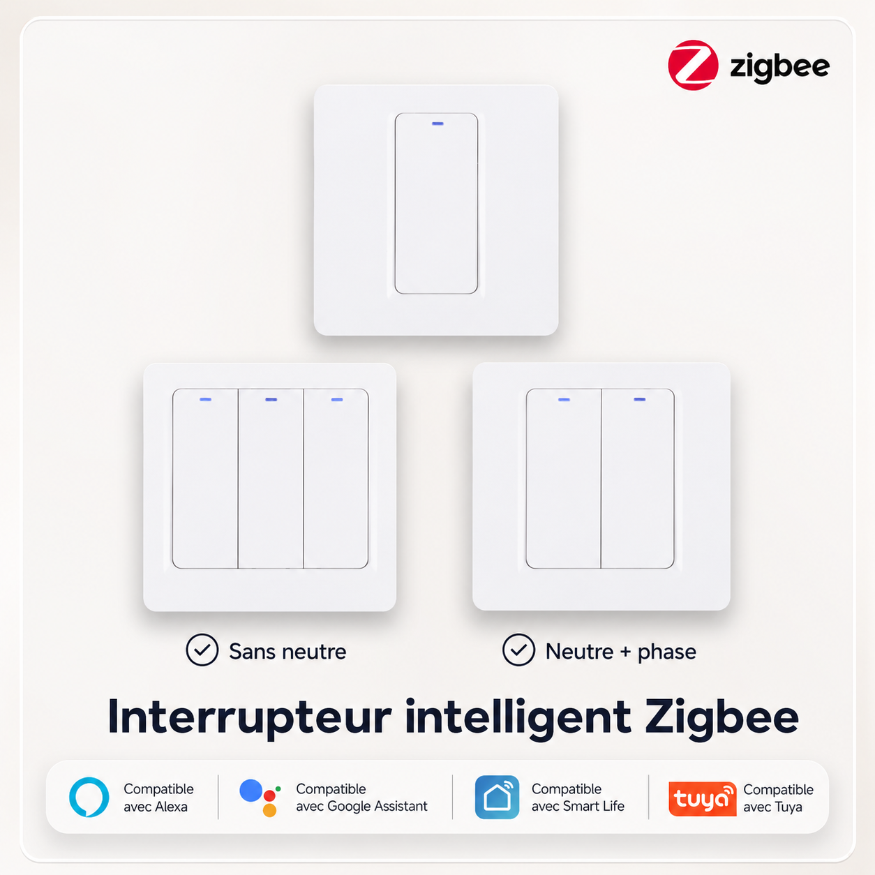 NéoRelay Switch Comfort ZigBee avec versions sans neutre et avec neutre compatibles assistants vocaux.