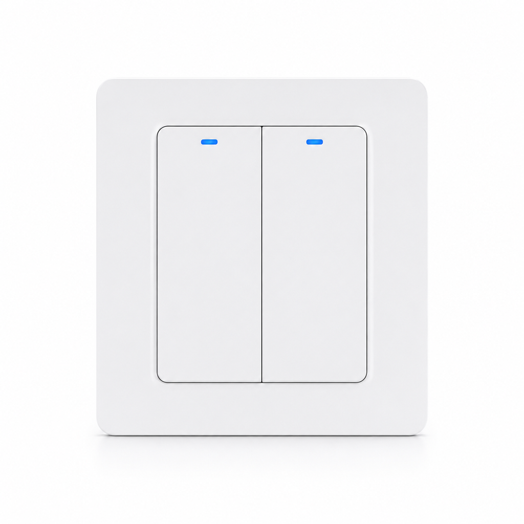 NéoRelay Switch Comfort deux canaux blanc avec double bouton tactile et voyants bleus.