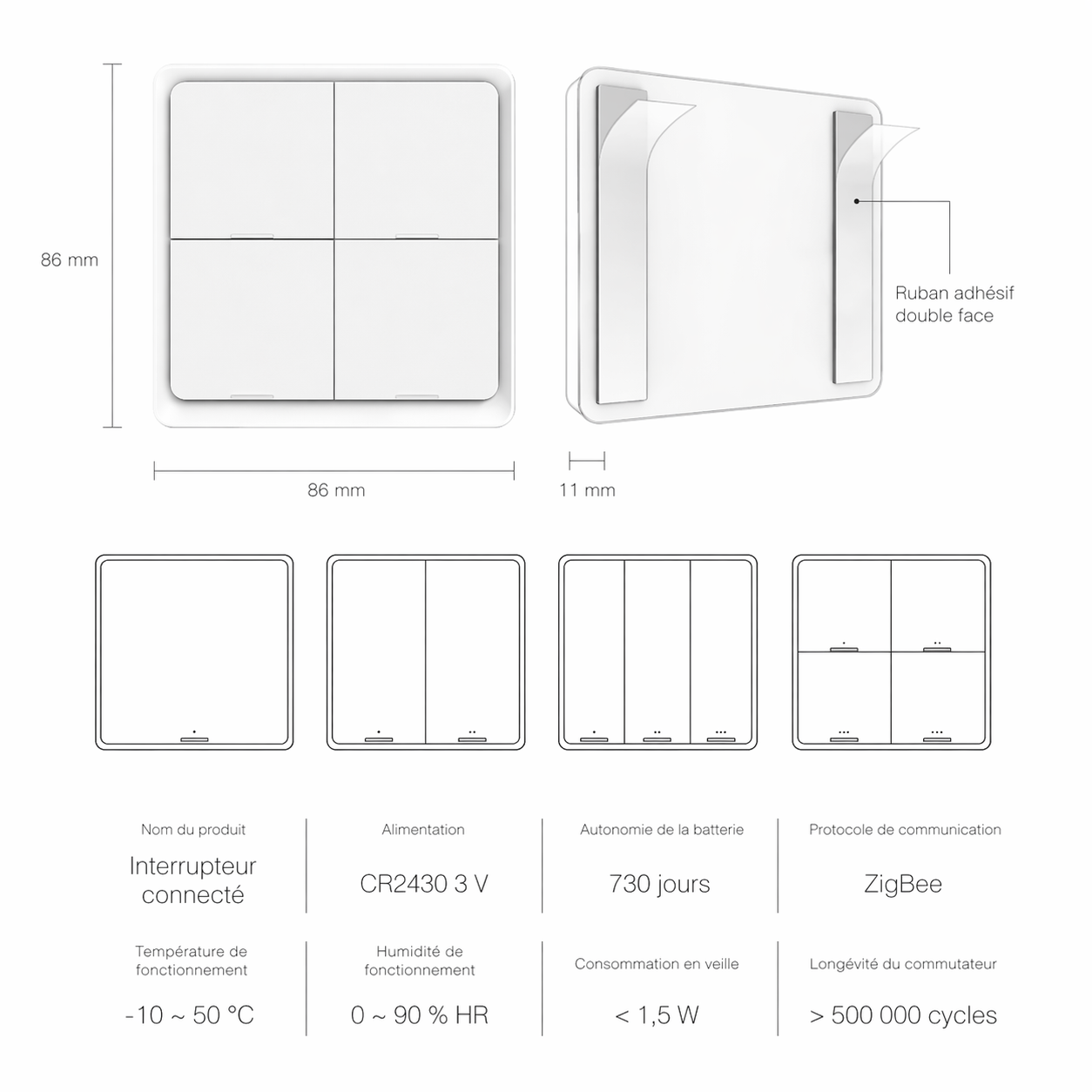 Interrupteur Zigbee dimensions et modeles