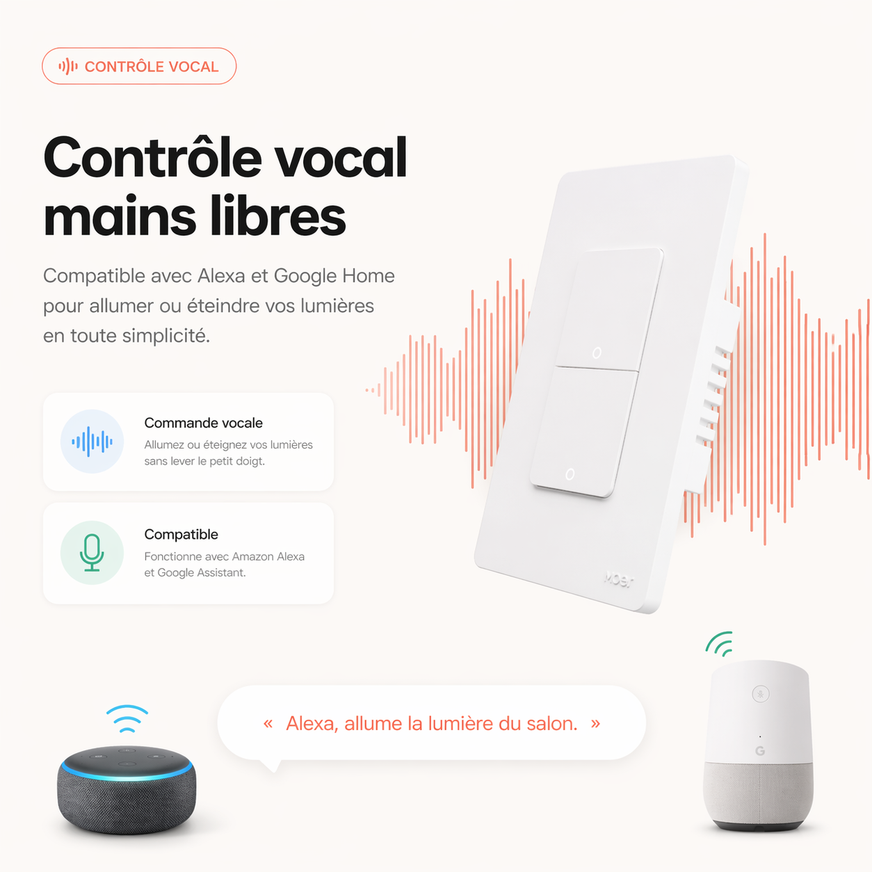 Controle vocal mains libres avec interrupteur Zigbee encastrable