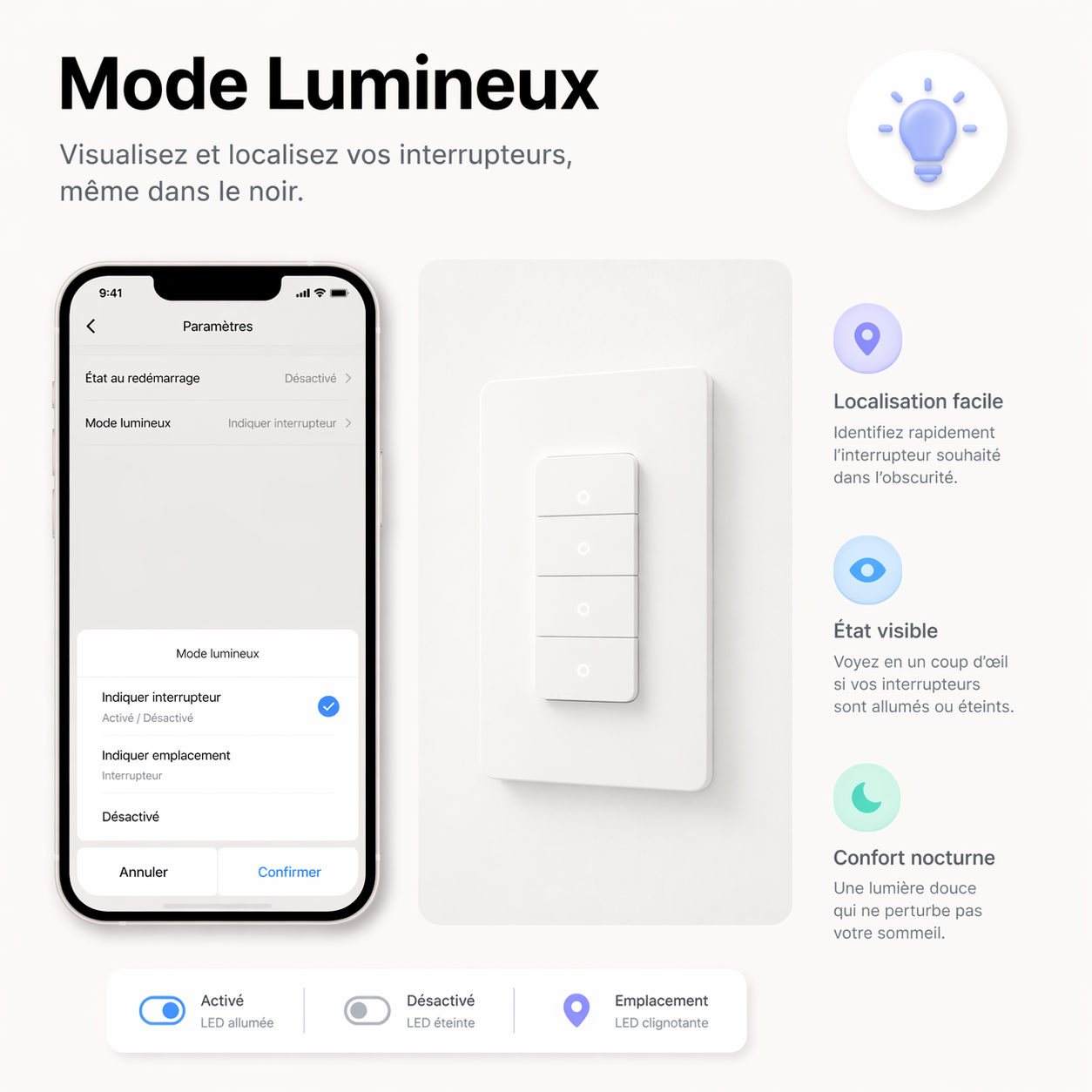 Mode lumineux de l interrupteur Zigbee encastrable