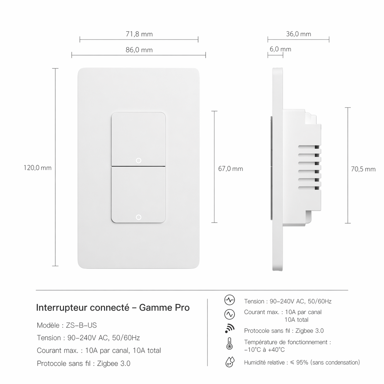 Interrupteur Zigbee fiche technique dimensions