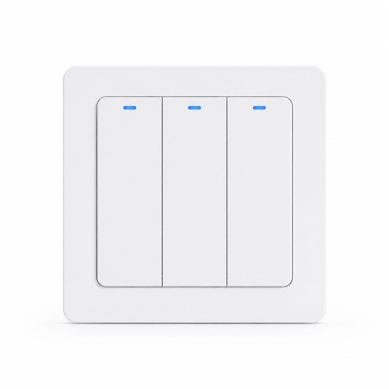 NéoRelay Switch Comfort trois canaux blanc avec trois boutons tactiles et voyants bleus.