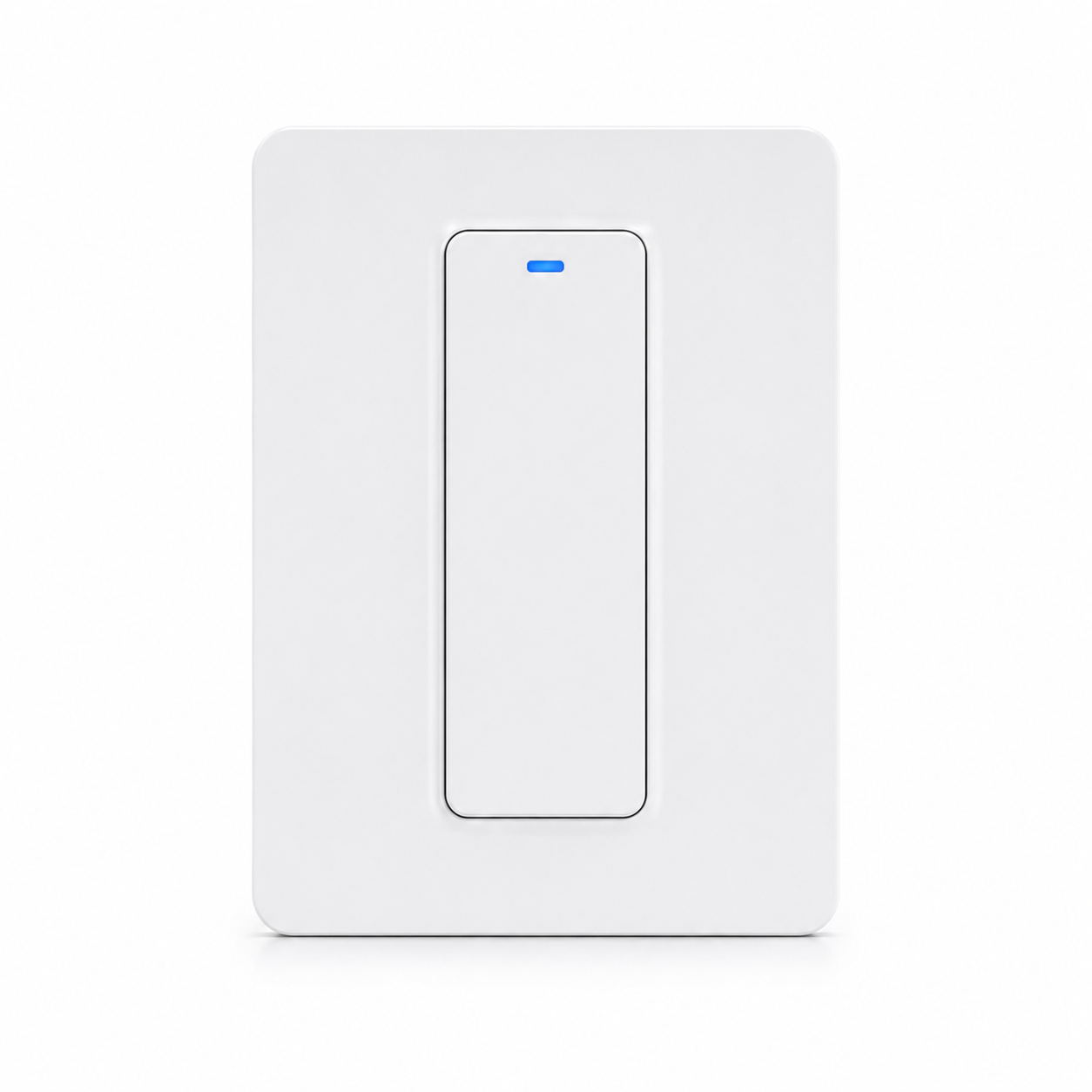 NéoRelay Switch Comfort un canal blanc avec bouton mural fin et voyant bleu.