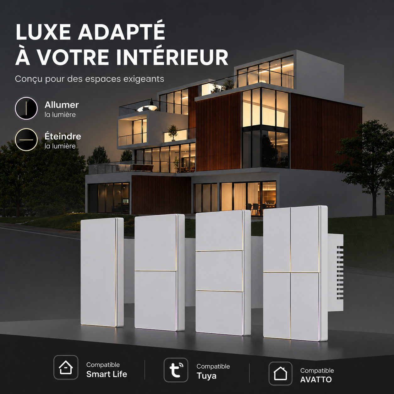 Interrupteurs design avec lumière ambiante devant une maison moderne.