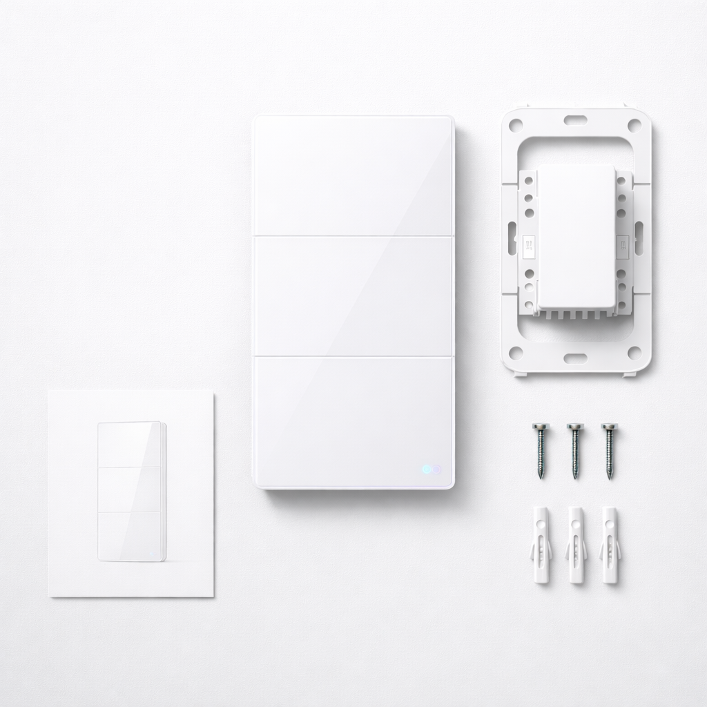 Kit d’installation avec interrupteur, cadre et visserie NéoSoft Essential.