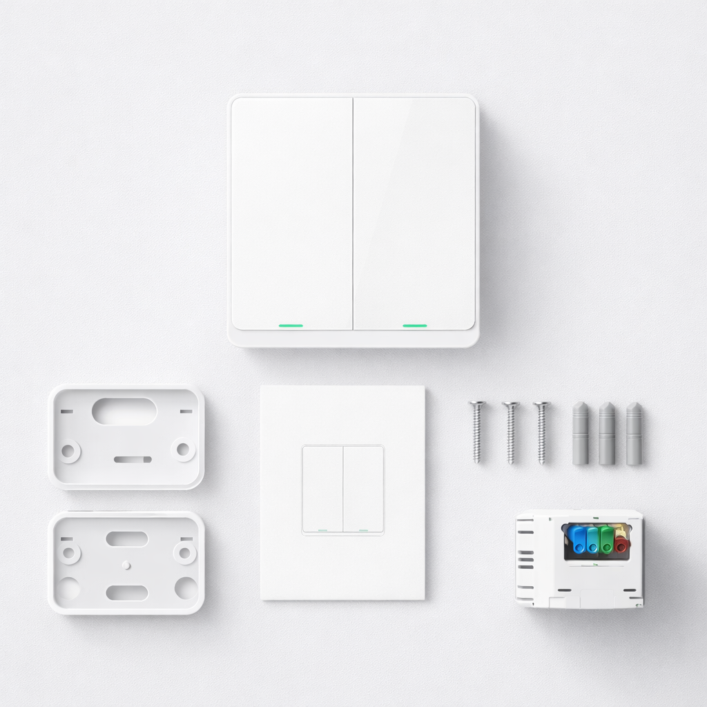 Kit d’installation du NéoSoft Bluetooth Comfort avec interrupteur tactile et accessoires.