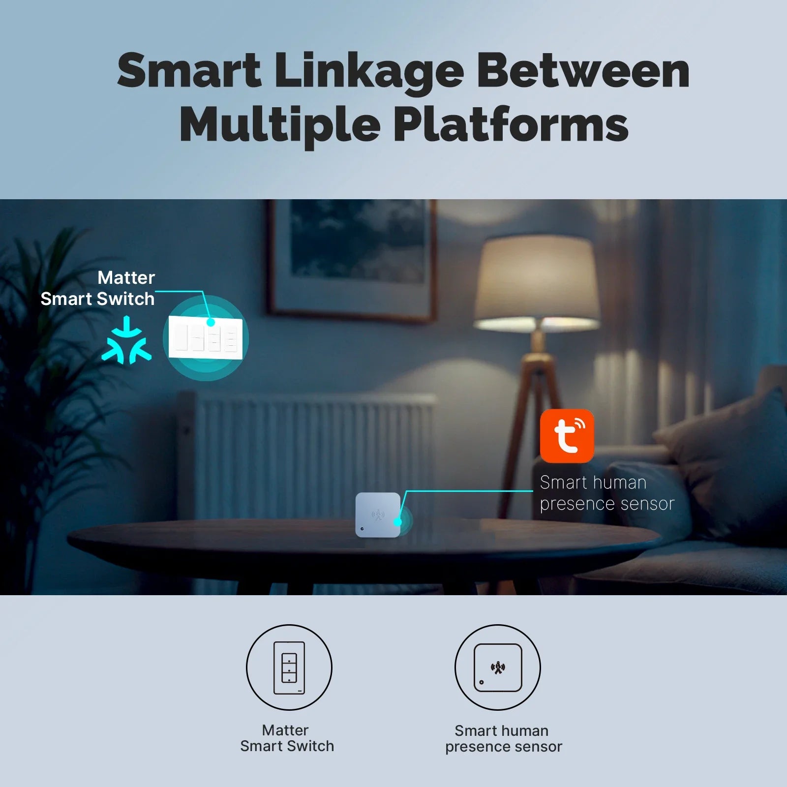 NéoMatter Push Comfort US reliant plusieurs plateformes domotiques dans une pièce connectée.
