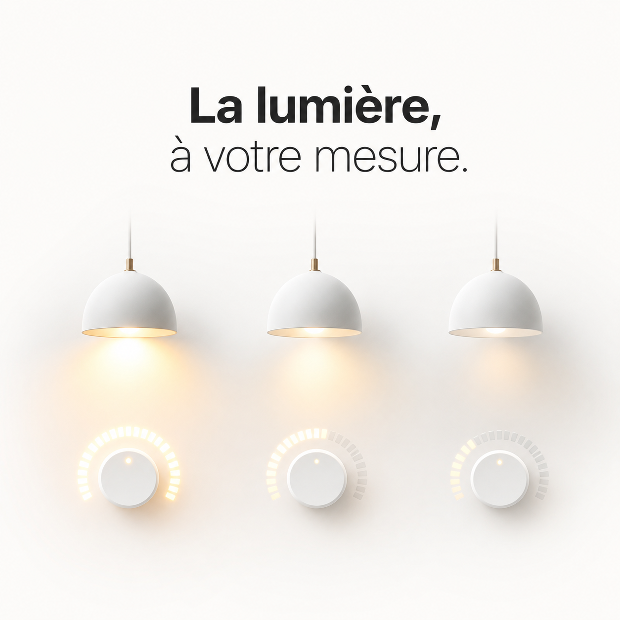 Trois lampes suspendues illustrant la lumière réglable à différents niveaux avec NéoMulti Dimmer.
