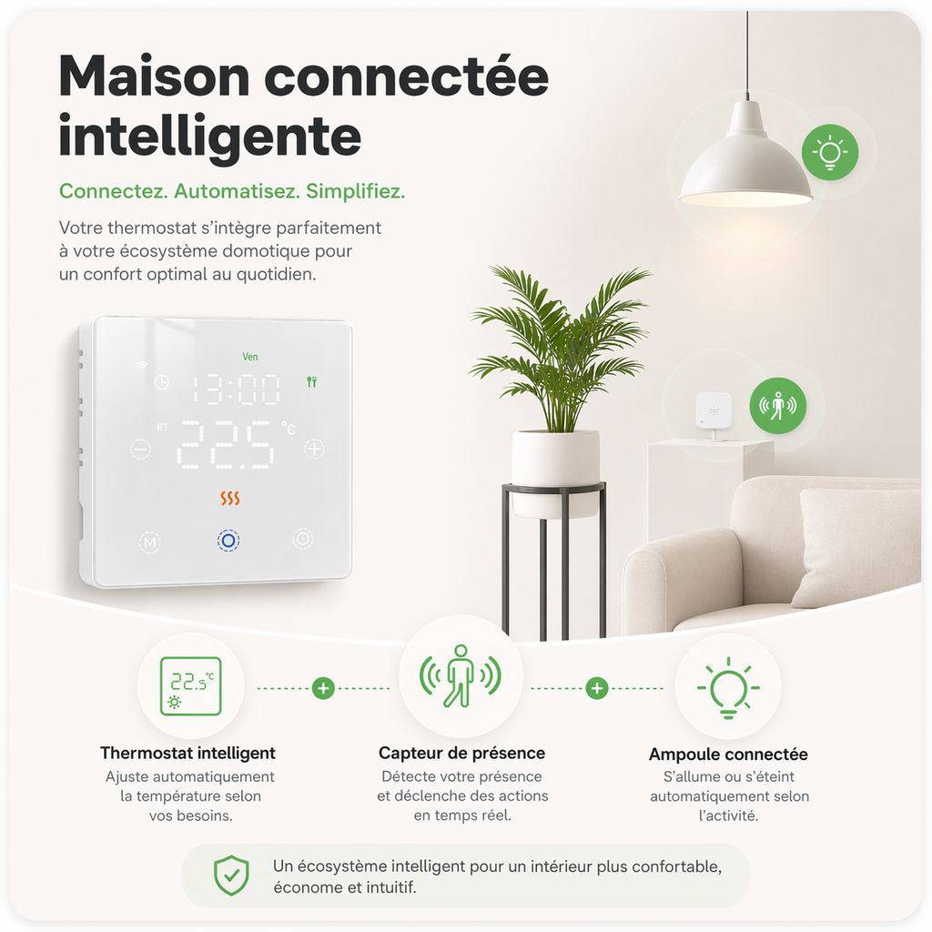 Infographie Neodom montrant une maison connectee avec thermostat sans fil, capteur de presence et ampoule.