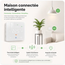 Infographie Neodom montrant une maison connectee avec thermostat sans fil, capteur de presence et ampoule.