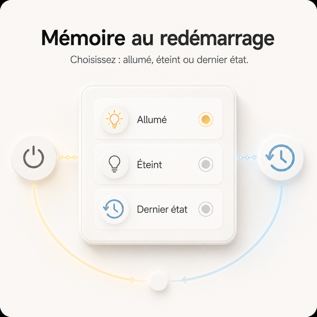 NéoMulti ZigBee Dimmer illustrant la mémoire au redémarrage entre allumé, éteint ou dernier état.