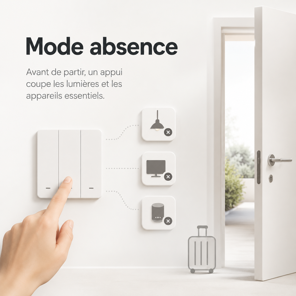 NéoScene 3 Comfort activant un mode absence pour gérer les lumières et appareils essentiels.