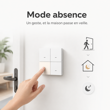Télécommande NéoScene 4 Comfort activant le mode absence depuis un mur d’entrée.