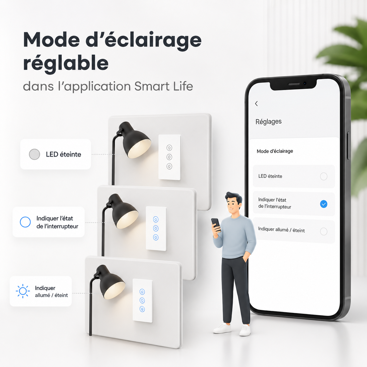 NéoMulti Dimmer avec modes d’éclairage réglables depuis l’application et indicateurs LED.