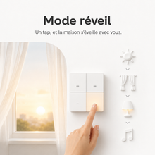 Télécommande NéoScene 4 Comfort activant le mode réveil avec lumière, rideaux et musique.