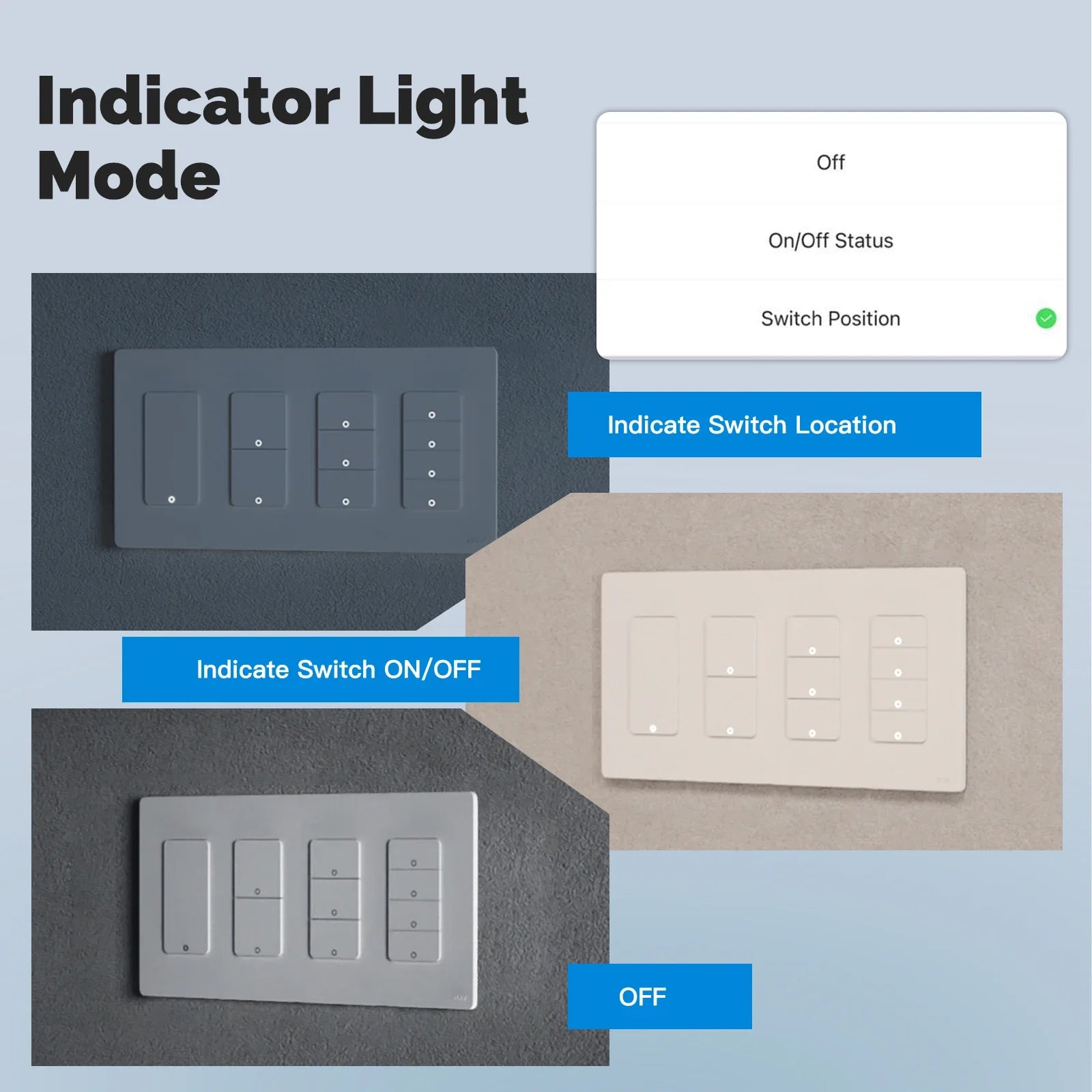 NéoMatter Push Comfort US avec mode voyant lumineux configurable selon l’état de l’interrupteur.