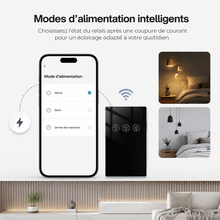 NéoMulti Dimmer noir avec écran mobile montrant les modes d'alimentation après coupure de courant.