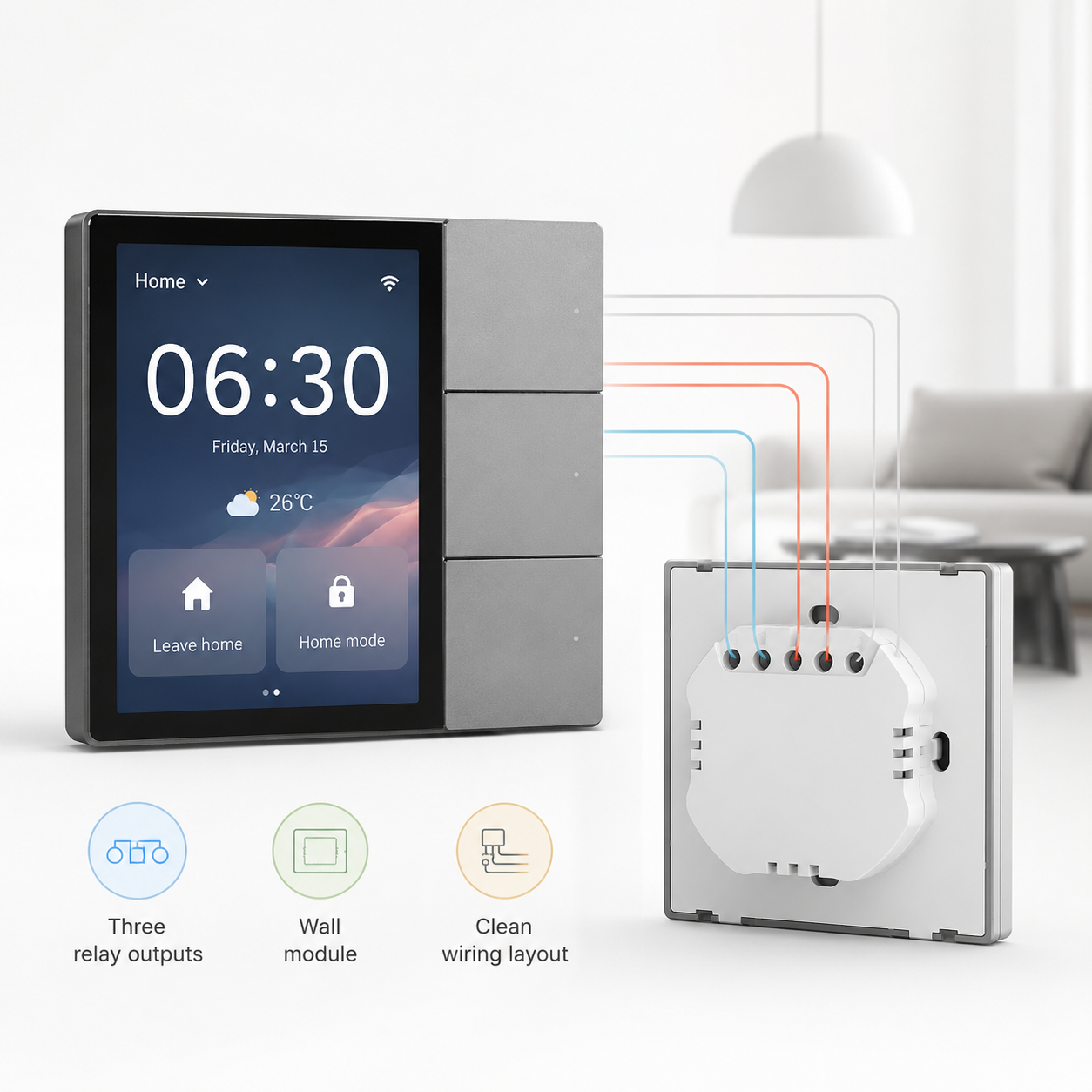 Module arrière avec trois relais pour commande murale connectée.