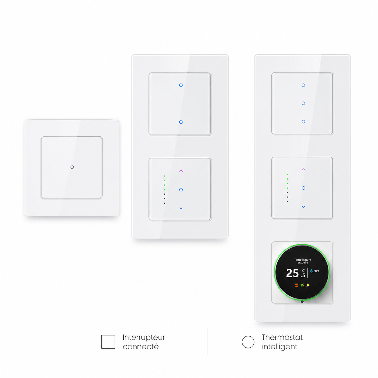 Modules interrupteur et thermostat pour configuration murale NéoGrid Essential.