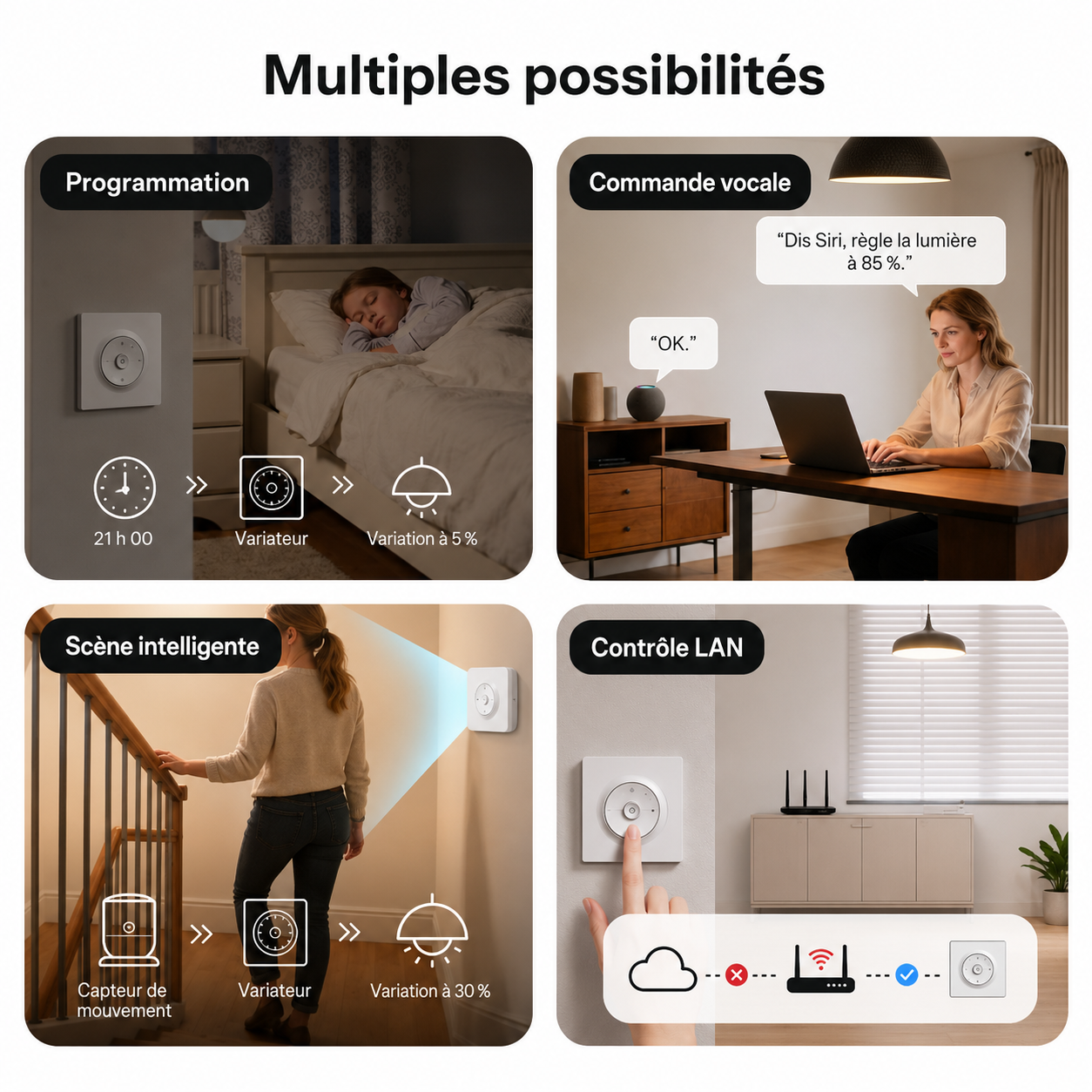 Multiples possibilites Neodom pour variateur avec programmation commande vocale et controle LAN.
