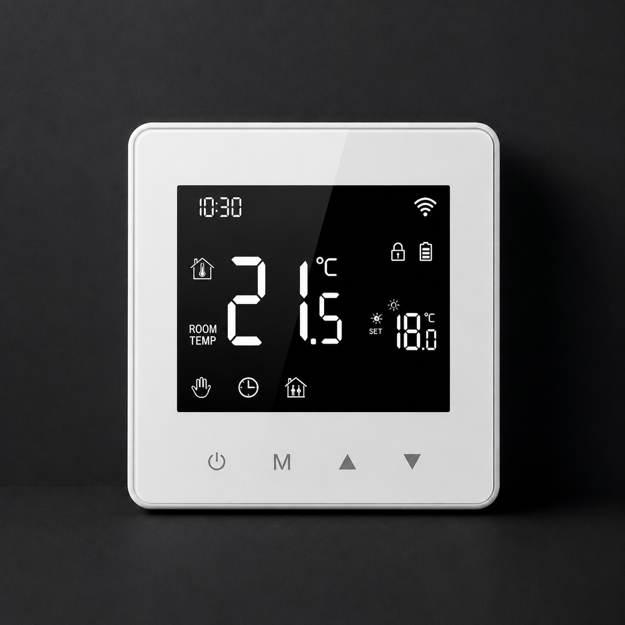 Dark studio packshot of the NéoAir Essential wireless thermostat display