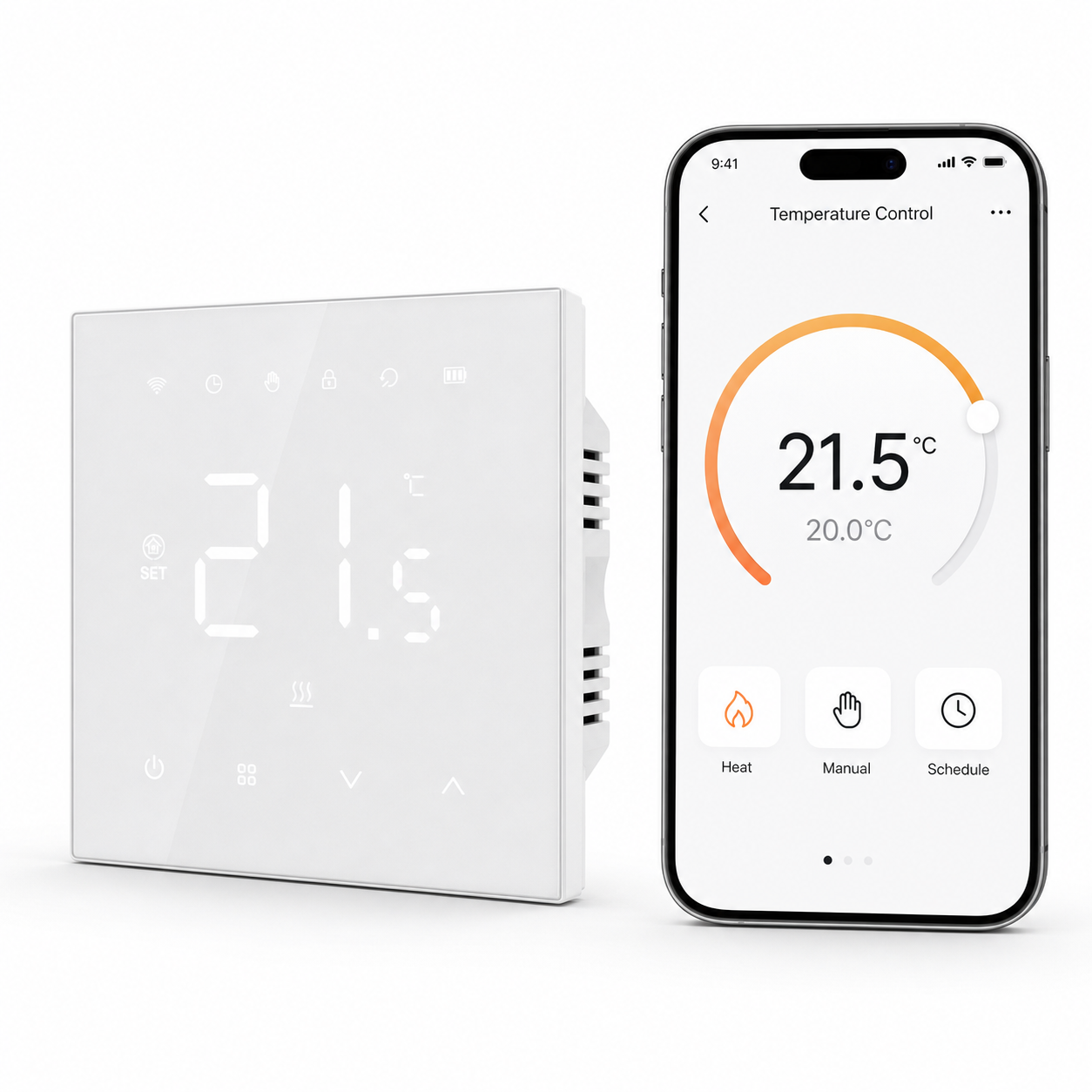 Mobile temperature control interface beside the NéoAir Essential wireless thermostat