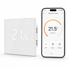 Mobile temperature control interface beside the NéoAir Essential wireless thermostat