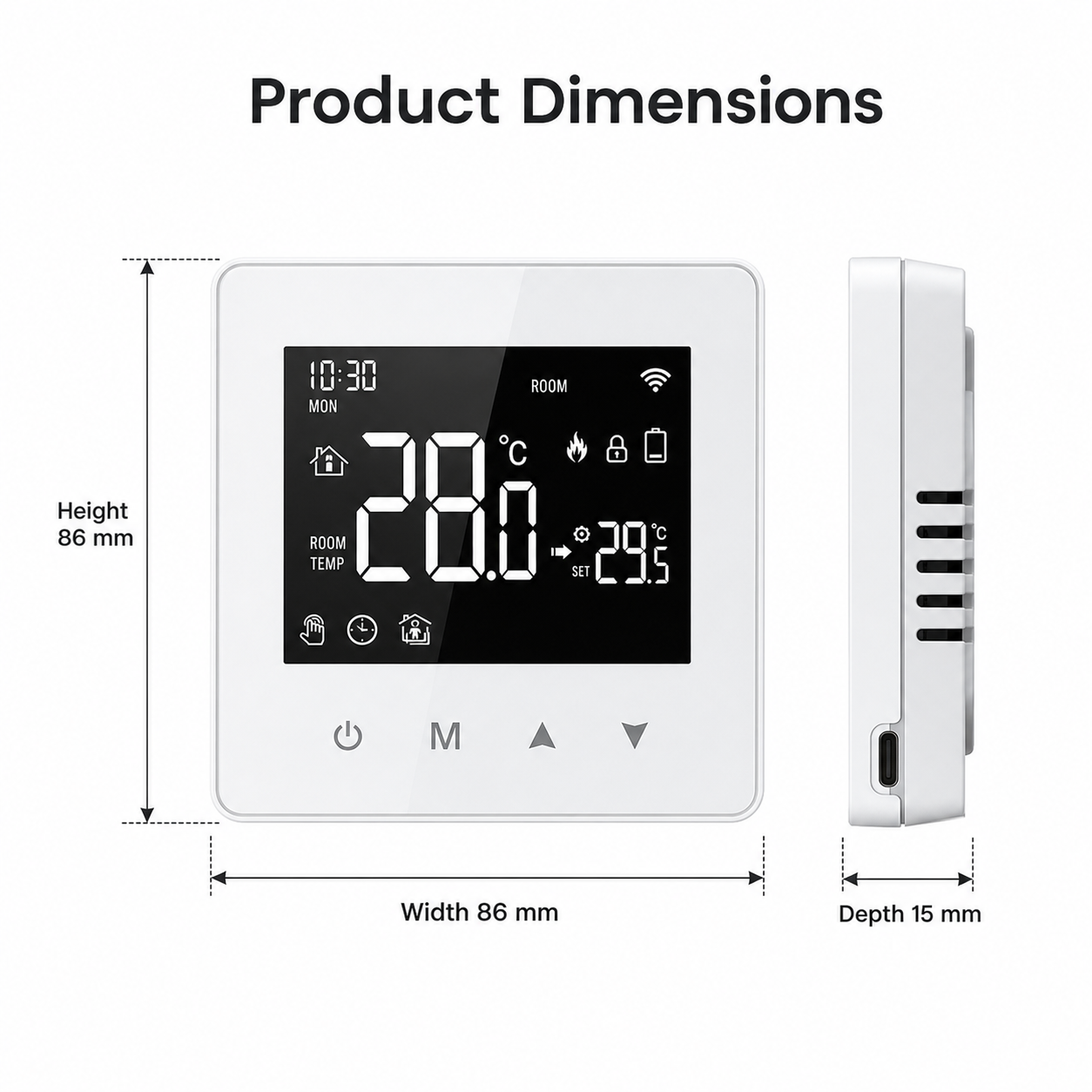 Product dimensions diagram for the NéoAir Essential wireless battery thermostat