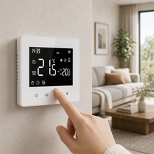 NéoAir Essential wireless thermostat being adjusted by touch in a modern living room