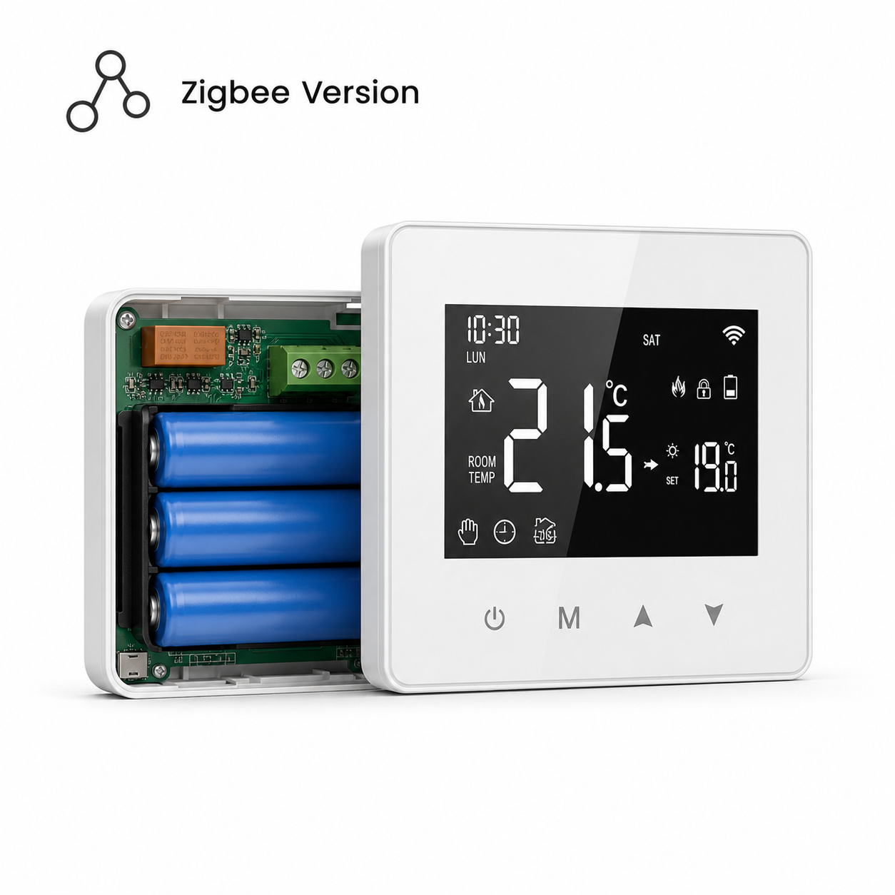 Zigbee version of the NéoAir Essential battery thermostat with open battery compartment