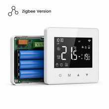 Zigbee version of the NéoAir Essential battery thermostat with open battery compartment