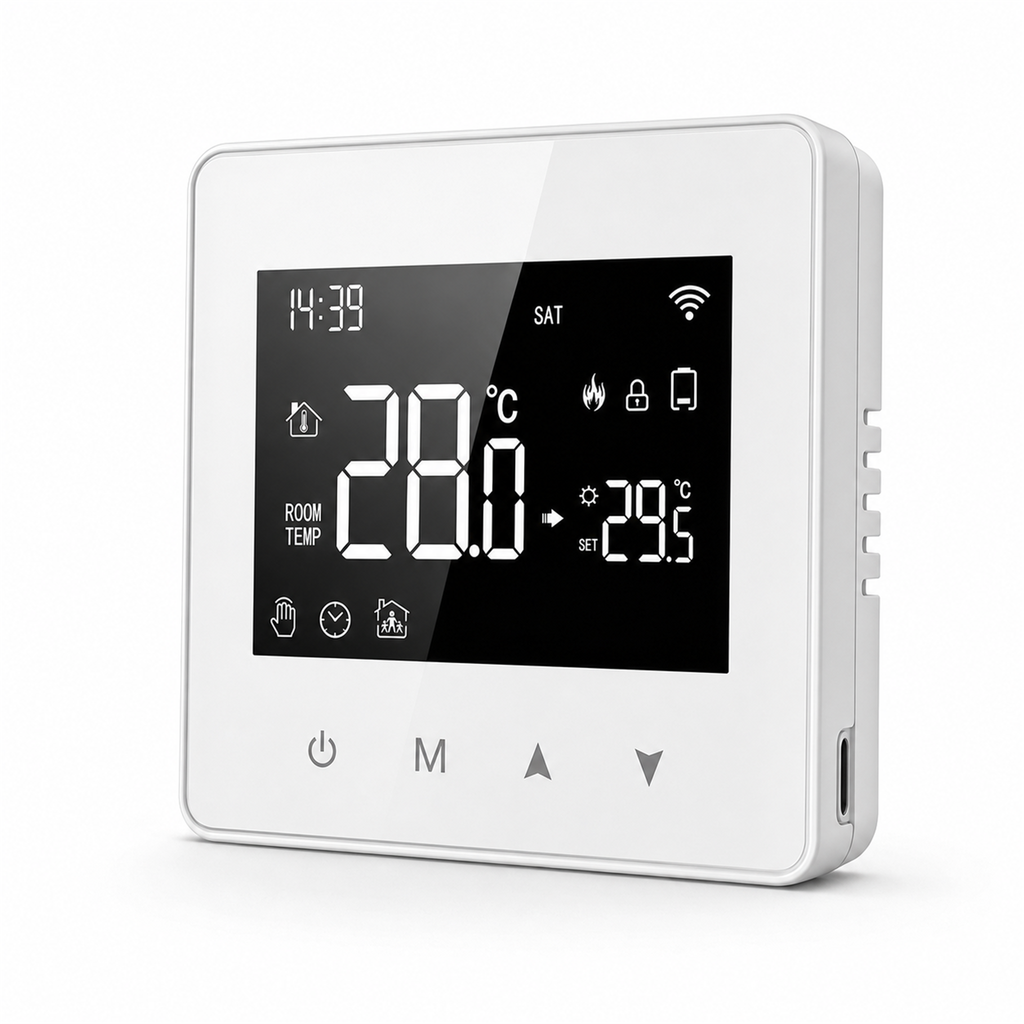 Thermostat sans fil NéoAir Essential à piles en vue inclinée sur fond studio blanc.