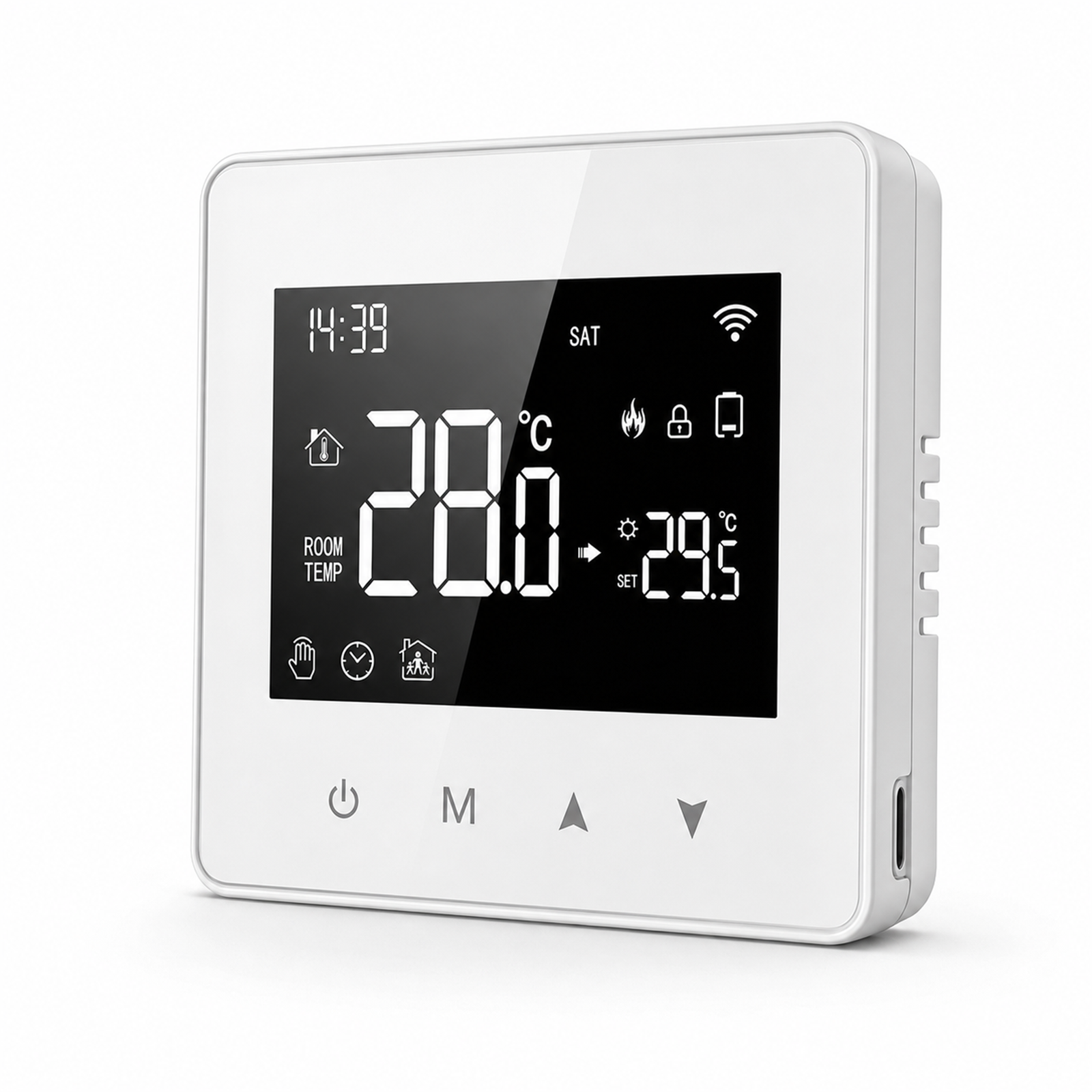 Thermostat sans fil NéoAir Essential à piles en vue inclinée sur fond studio blanc.