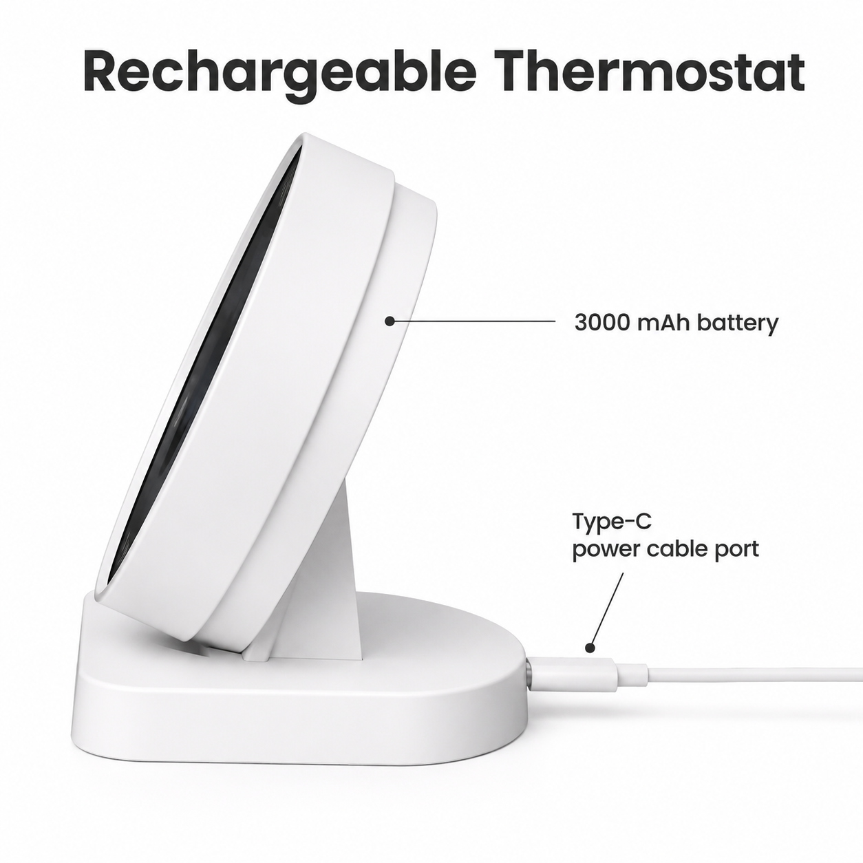 Battery and USB-C side view for WiFi RF thermostat