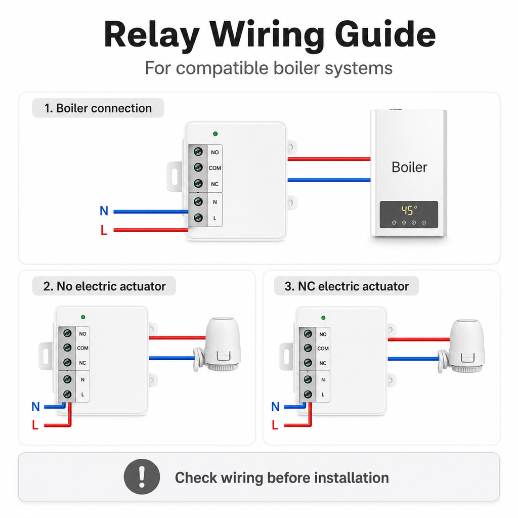 Boiler relay wiring guide visual for RF thermostat receiver