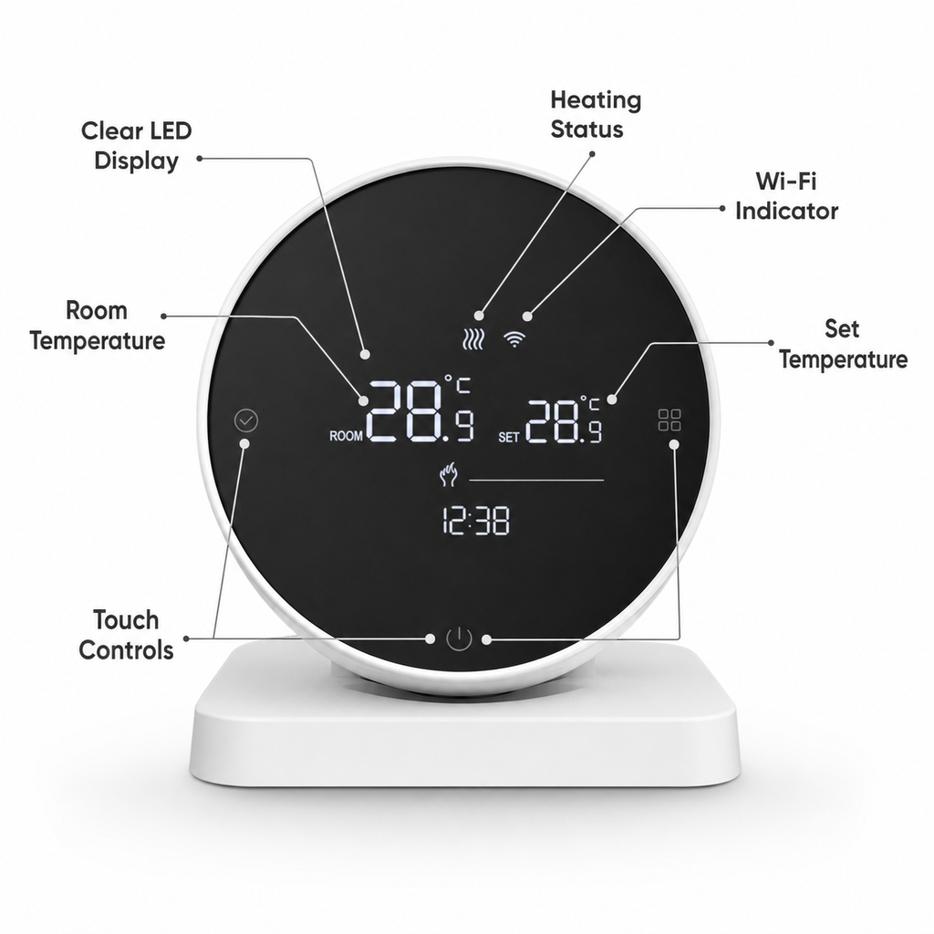 Display and touch controls overview for WiFi RF thermostat