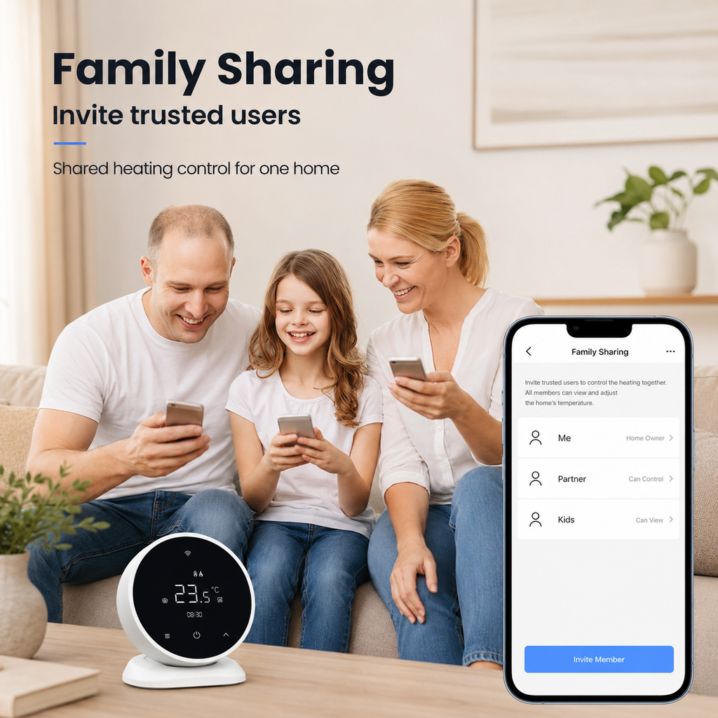 Family sharing app visual for WiFi RF thermostat