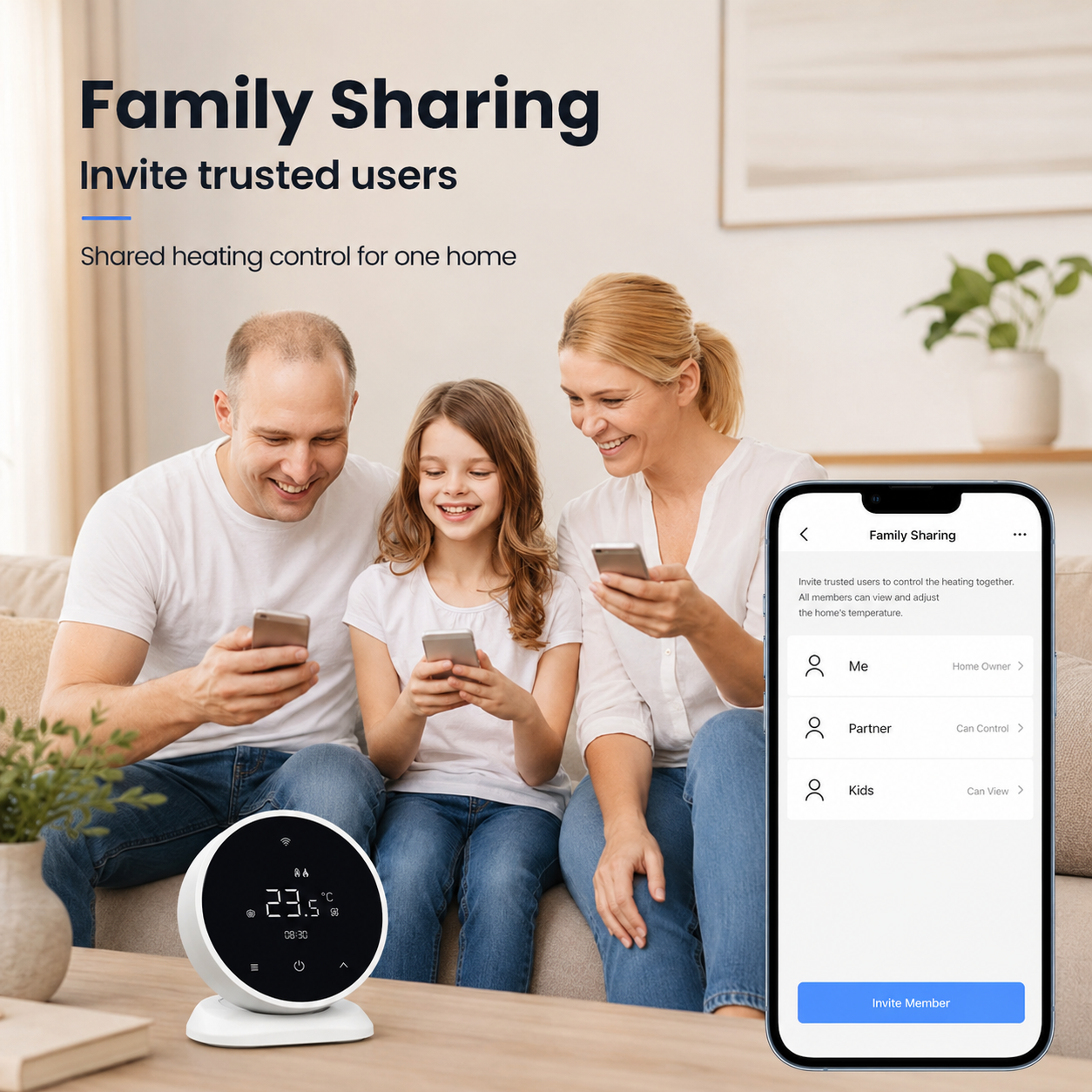 Family sharing app visual for WiFi RF thermostat