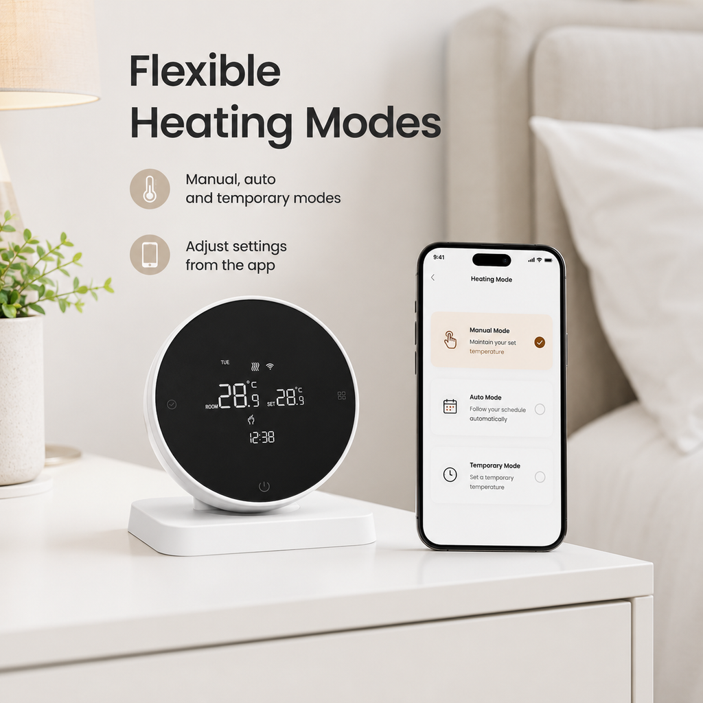 Heating mode selection visual for WiFi RF thermostat