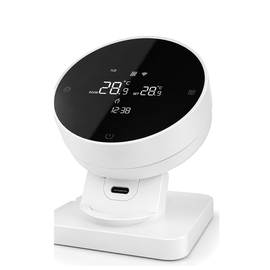 Détail du port USB-C du thermostat NéoAir RF Essential sur fond blanc