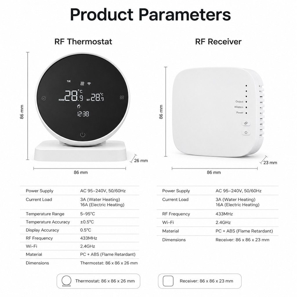 Product parameters and dimensions for RF thermostat and receiver