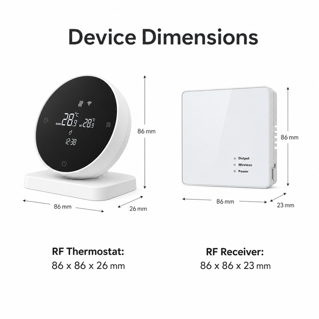 Thermostat and receiver dimensions visual for NéoAir RF Essential