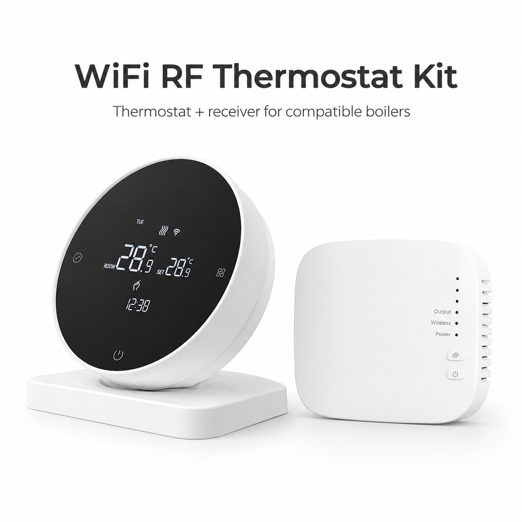 Studio packshot of WiFi RF thermostat and receiver