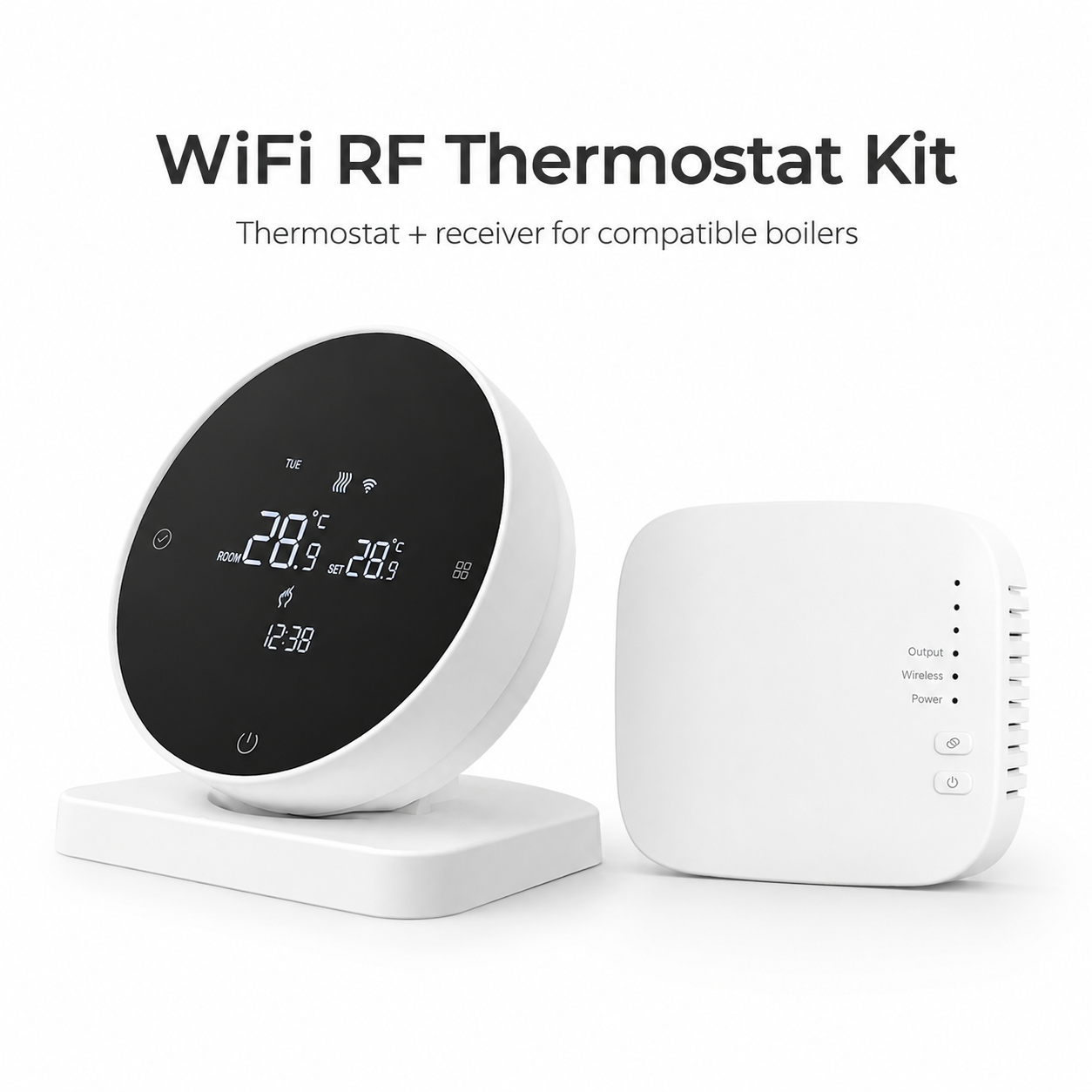 Studio packshot of WiFi RF thermostat and receiver