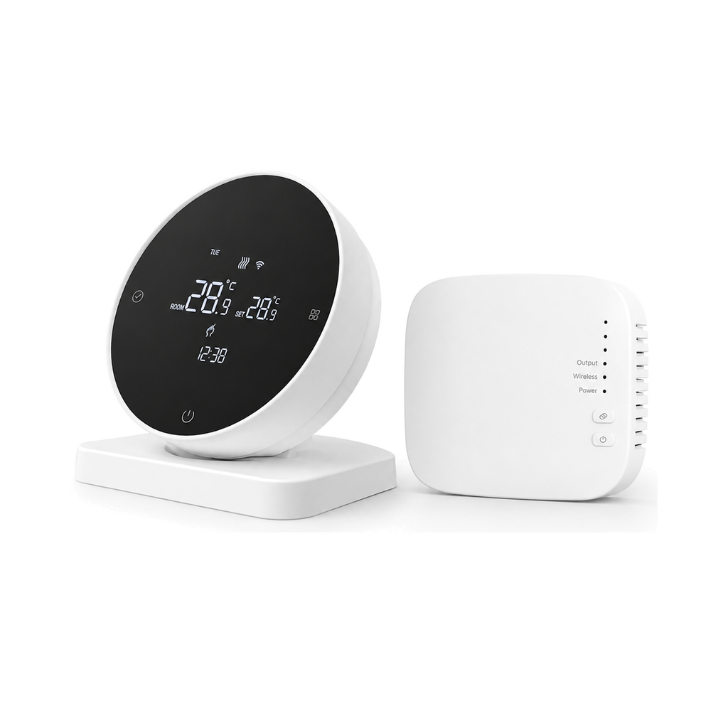 Thermostat NéoAir RF Essential avec récepteur RF sur fond blanc