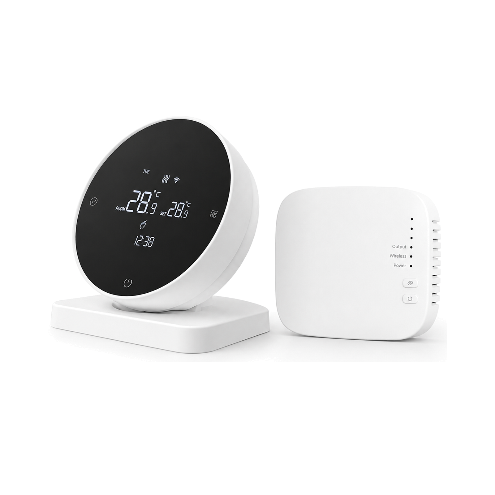 Thermostat NéoAir RF Essential avec récepteur RF sur fond blanc