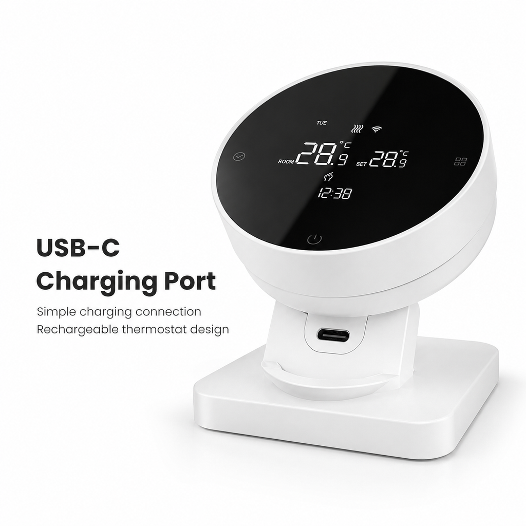 USB-C charging port detail for WiFi RF thermostat