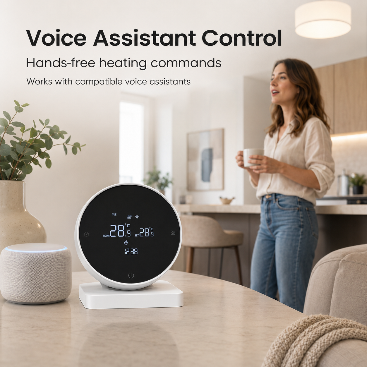 Voice assistant control visual for WiFi RF thermostat